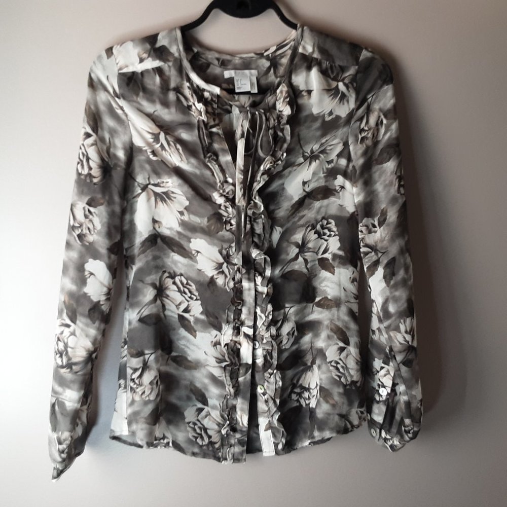 🌞 H&M Grey Black Floral Sheer Tie Collar Ruffle Blouse | 2